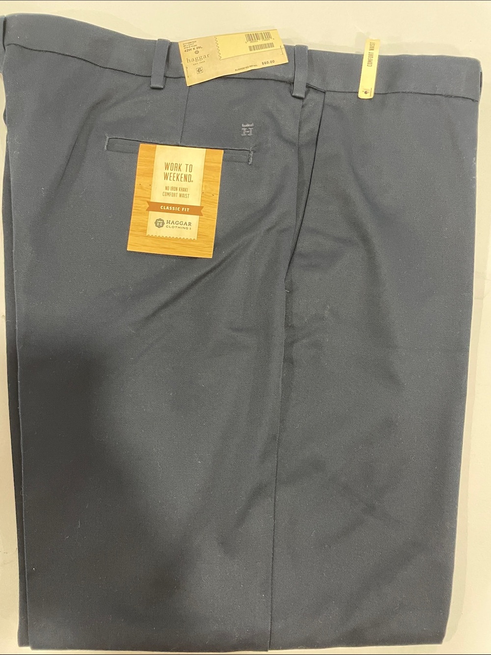 Men’s new Haggar work to weekend classic fit khaki 42x29 navy flat front
